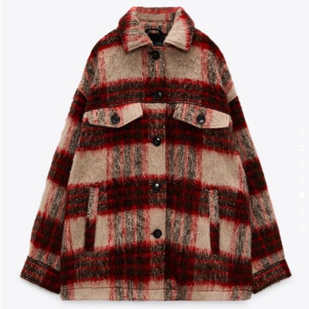 Zara Premium Women’s Wool Blend Checkered Jacket in Red/Beige/Black Size XS